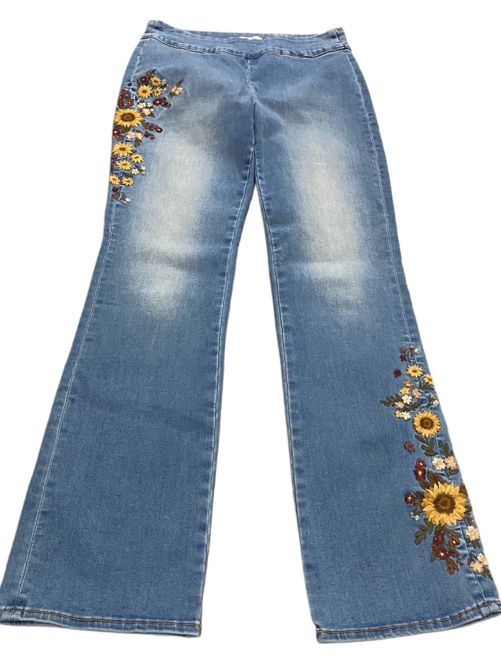 DRIFTWOOD Kelcy Pull On Bootcut Blue Floral Sunflower Embroidered Jeans Medium